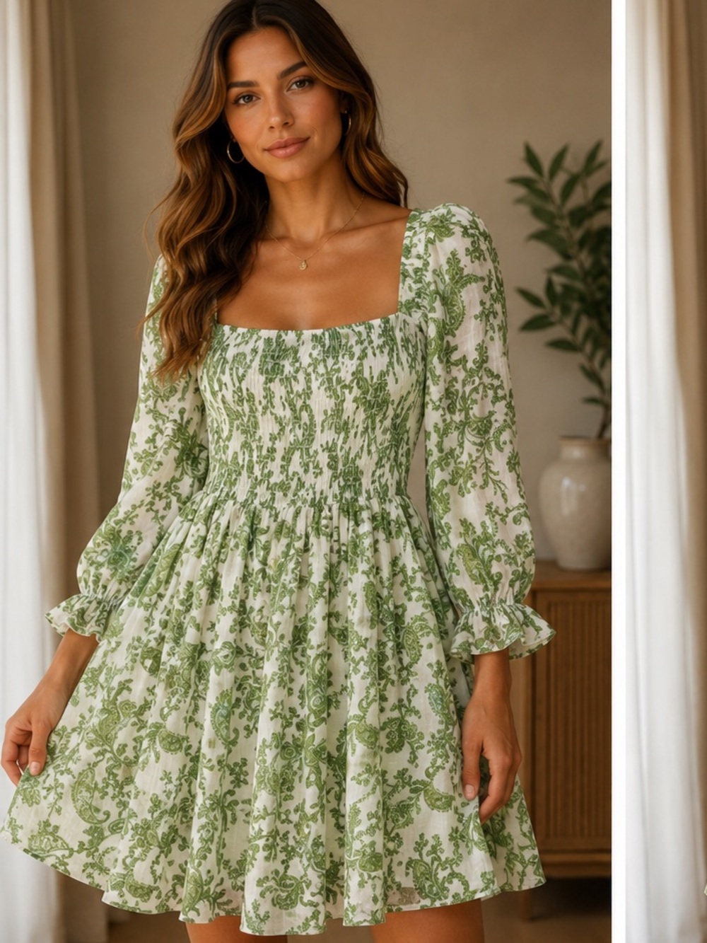 MISA Los Angeles Green & White Smocked Floral Mini Dress XS NWOT Cottagecore